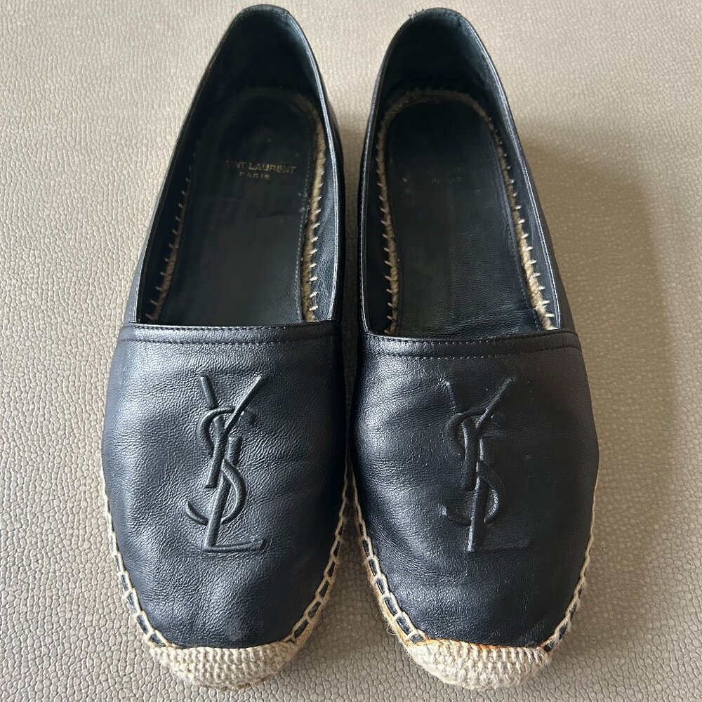 Saint Laurent Logo Espadrille Flats in Black Lambskin Leather